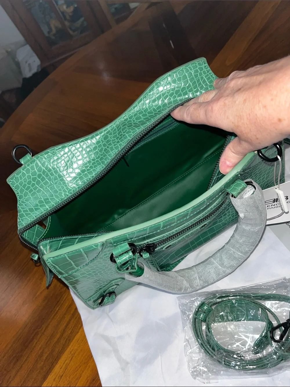 Green Croc-Embossed City Bag with Matching Crossbody Strap!